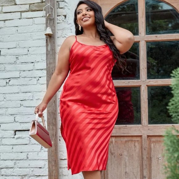 Red Striped Jacquard Split Thigh Satin Cami Slip Dress 3XL - Picture 2 of 12